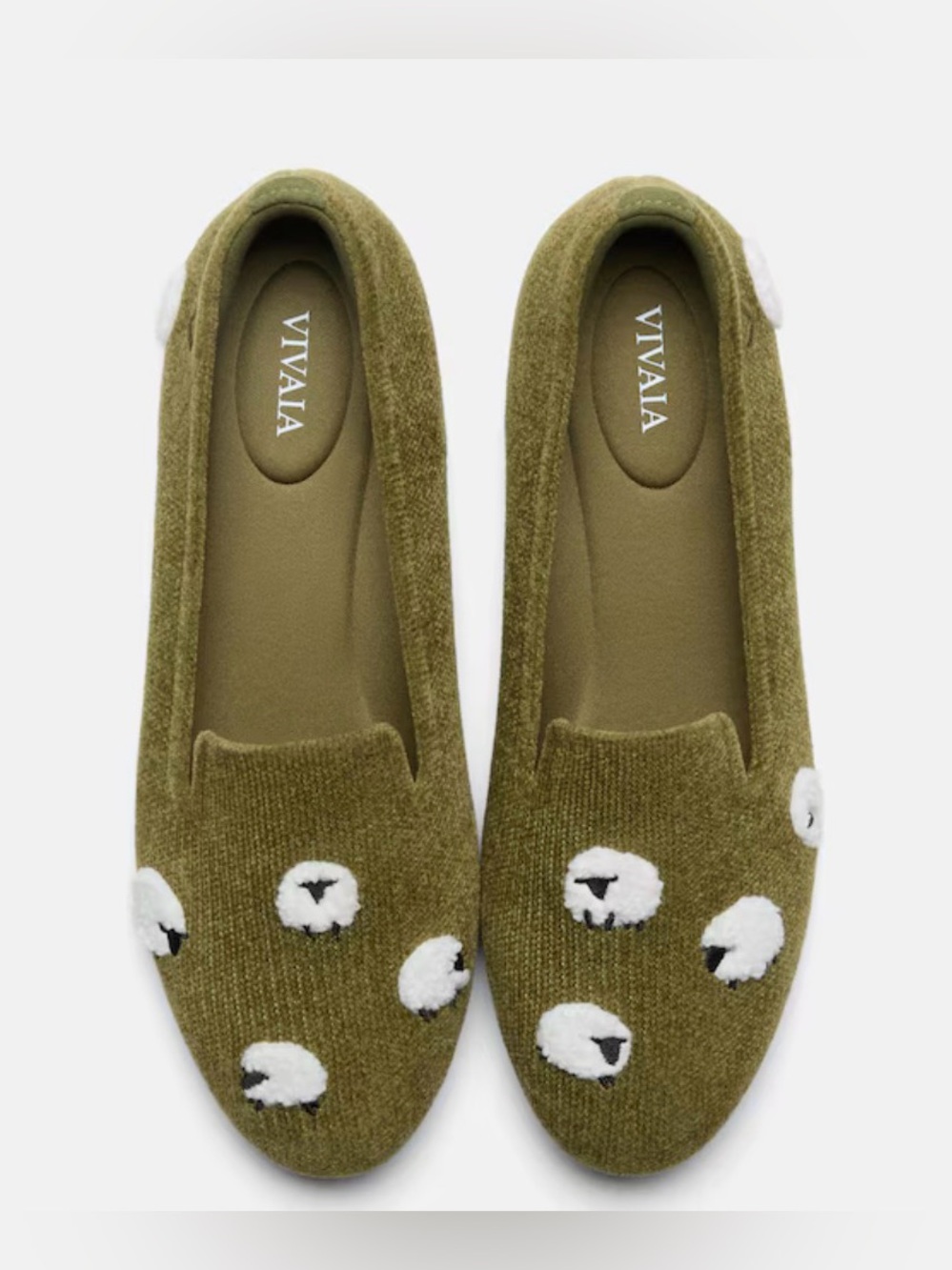 NWT - VIVAIA Round-Toe Embroidered Loafers - Olive Drab - Blacknose Sheep